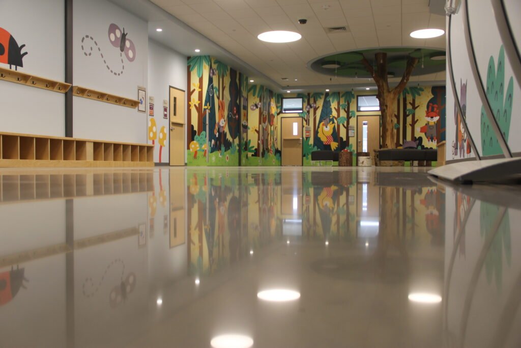 A high polished concrete that shows high reflectivity of the walls and lighting creating a more durable and easier to maintain floor. Completed in a church in Wisconsin.