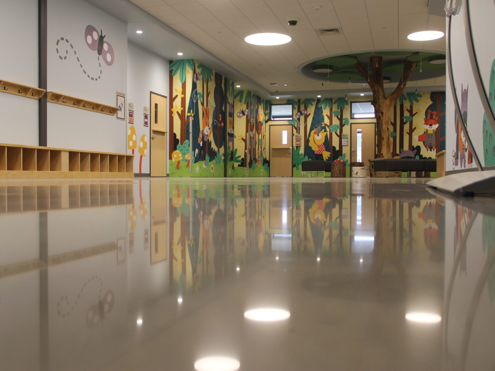 A high polished concrete that shows high reflectivity of the walls and lighting creating a more durable and easier to maintain floor. Completed in a church in Madison, Wisconsin.