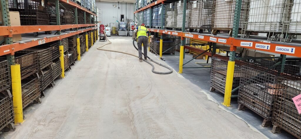 A worker vacuuming and cleaning the surface of an manufacturing facility before applying a polished concrete densifier.